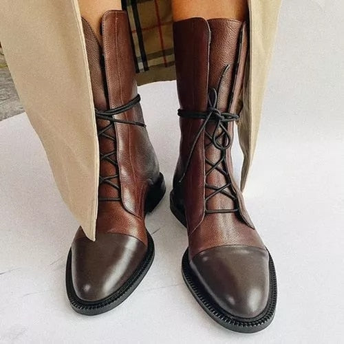Damen-Stiefel aus Leder mit Schnürung und mittlerer Schafthöhe | Klassische schwarze, lässige, elegante Stiefel für jeden Tag | Smart-Casual-Stiefel für Herbst und Winter