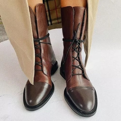 Damen-Stiefel aus Leder mit Schnürung und mittlerer Schafthöhe | Klassische schwarze, lässige, elegante Stiefel für jeden Tag | Smart-Casual-Stiefel für Herbst und Winter