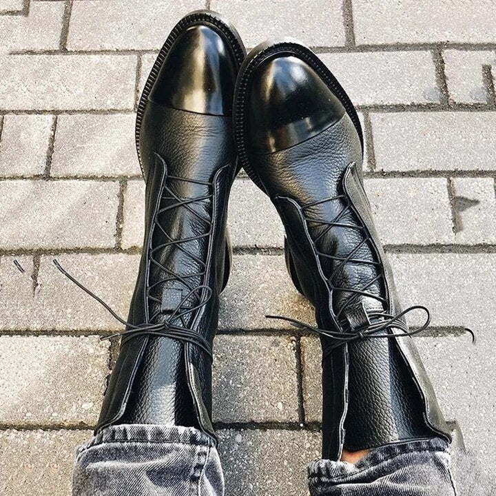 Damen-Stiefel aus Leder mit Schnürung und mittlerer Schafthöhe | Klassische schwarze, lässige, elegante Stiefel für jeden Tag | Smart-Casual-Stiefel für Herbst und Winter