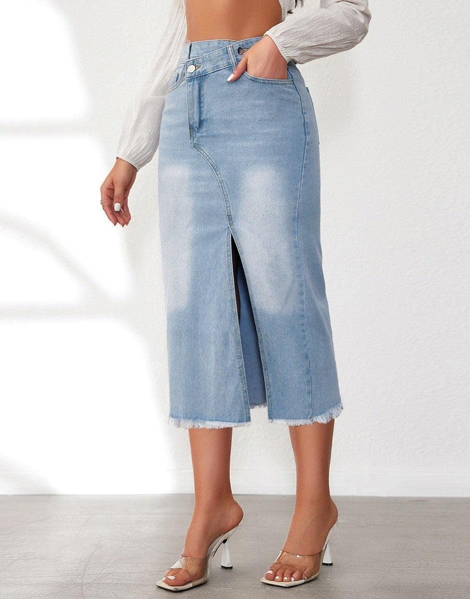 Hera Women's Denim Midi Skirt | High Slit, Frayed Hem 0
