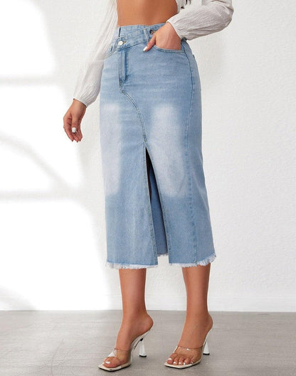 Hera Women's Denim Midi Skirt | High Slit, Frayed Hem 0