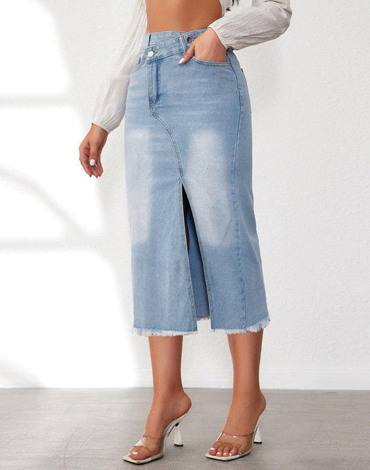 Hera Women's Denim Midi Skirt | High Slit, Frayed Hem 0