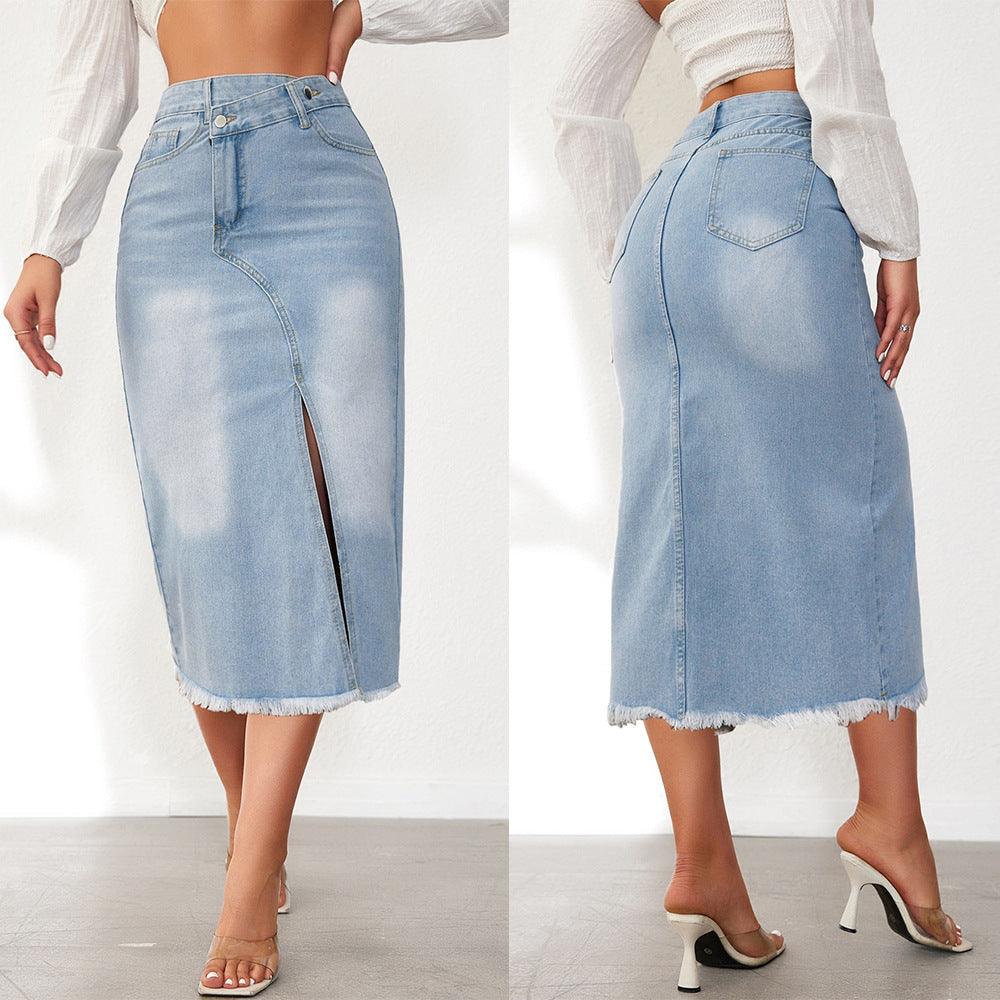 Hera Women's Denim Midi Skirt | High Slit, Frayed Hem 1