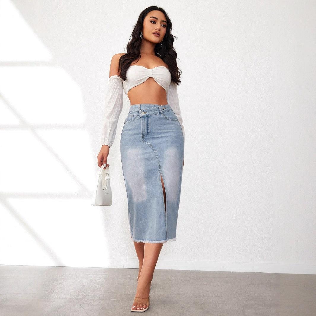 Hera Women's Denim Midi Skirt | High Slit, Frayed Hem 2