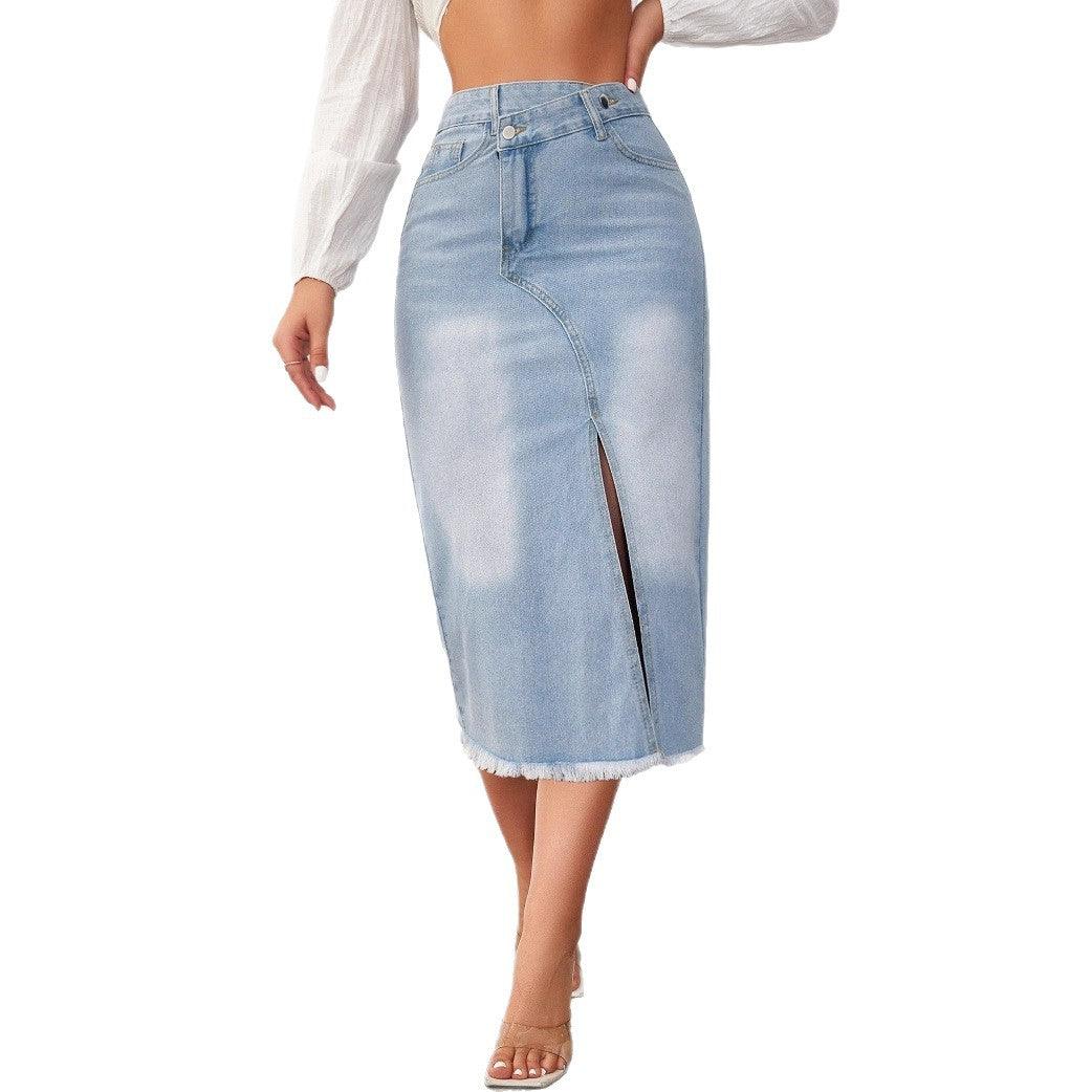 Hera Women's Denim Midi Skirt | High Slit, Frayed Hem 5
