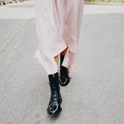 Damen-Stiefel aus Leder mit Schnürung und mittlerer Schafthöhe | Klassische schwarze, lässige, elegante Stiefel für jeden Tag | Smart-Casual-Stiefel für Herbst und Winter