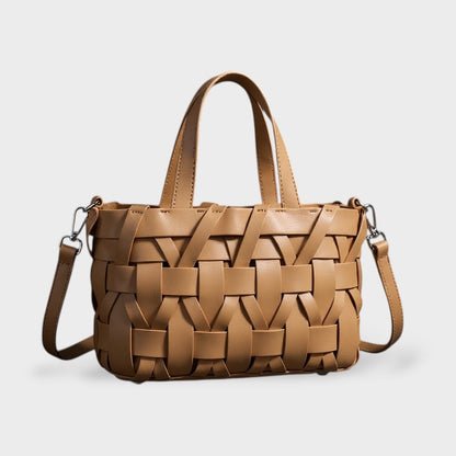 Women's Handmade Woven Leather Tote Bag | Cream Interlace Strip Casual Everyday Shoulder Bag | Smart Casual Going Out Everyday Bag