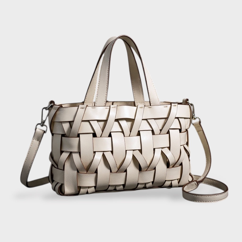 Women's Handmade Woven Leather Tote Bag | Cream Interlace Strip Casual Everyday Shoulder Bag | Smart Casual Going Out Everyday Bag
