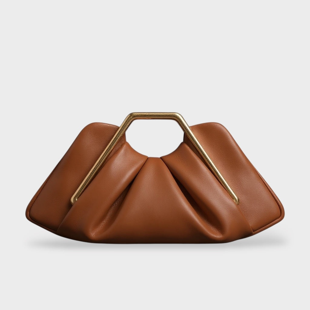 Women's Leather Frame Clutch Bag | Tan Structured Gold Frame Top-Handle Clutch | Smart Casual Going Out Evening Bag