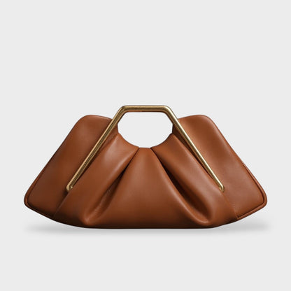 Women's Leather Frame Clutch Bag | Tan Structured Gold Frame Top-Handle Clutch | Smart Casual Going Out Evening Bag