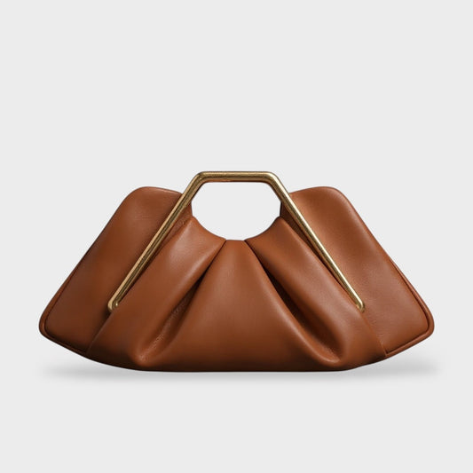 Women's Leather Frame Clutch Bag | Tan Structured Gold Frame Top-Handle Clutch | Smart Casual Going Out Evening Bag