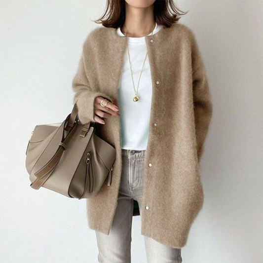 Women's Fluffy Mohair Open-Front Cardigan | Soft Khaki Cosy Everyday Casual Button Cardigan | Smart Casual Everyday Autumn Winter Knitwear