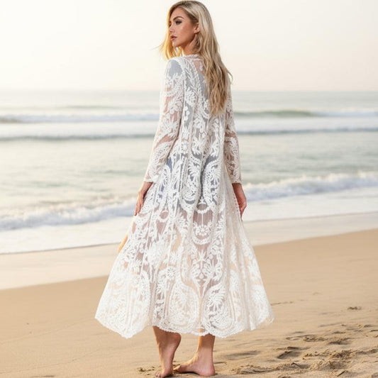 Lara Women's Beach Cardigan | Floral Lace Detail, Ankle Length 0