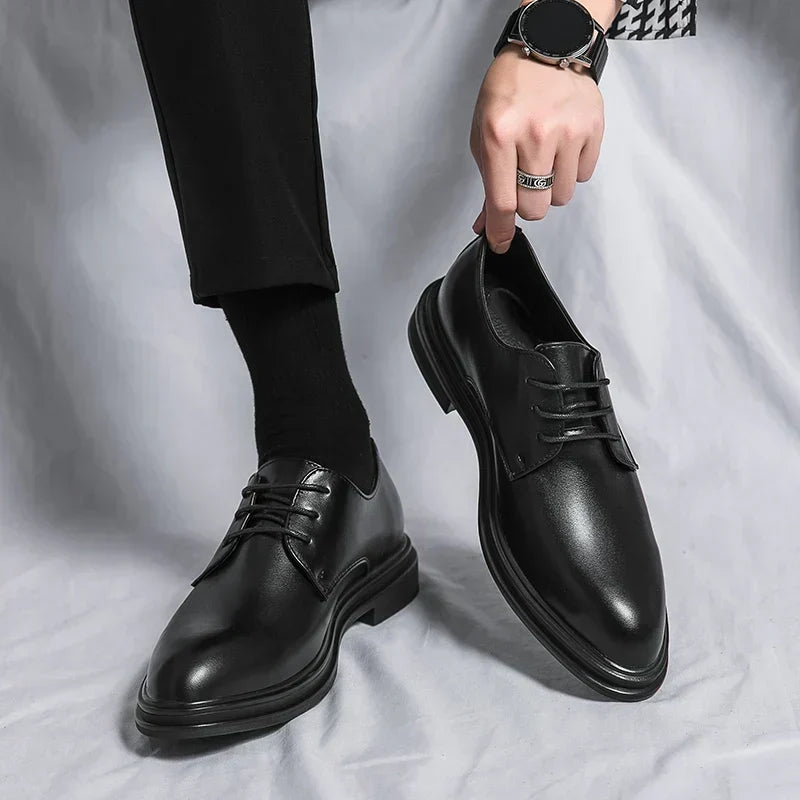 Men's Polished Leather Lace-Up Derby Shoes | Classic Black Formal Smart Dress Shoes | Smart Formal Business Office Everyday Shoes