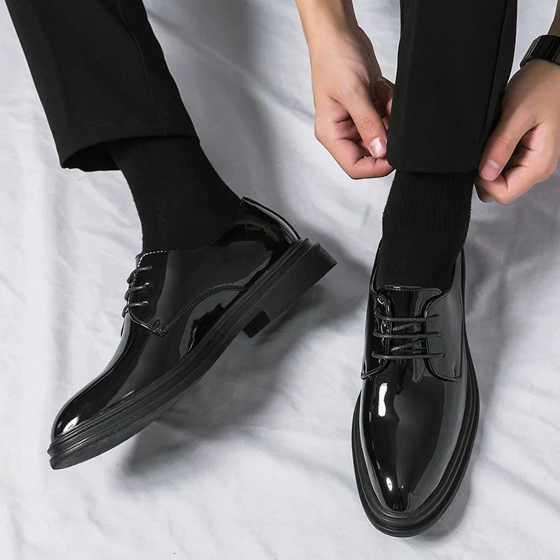 Men's Polished Leather Lace-Up Derby Shoes | Classic Black Formal Smart Dress Shoes | Smart Formal Business Office Everyday Shoes