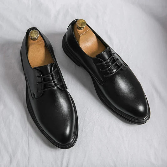 Men's Polished Leather Lace-Up Derby Shoes | Classic Black Formal Smart Dress Shoes | Smart Formal Business Office Everyday Shoes