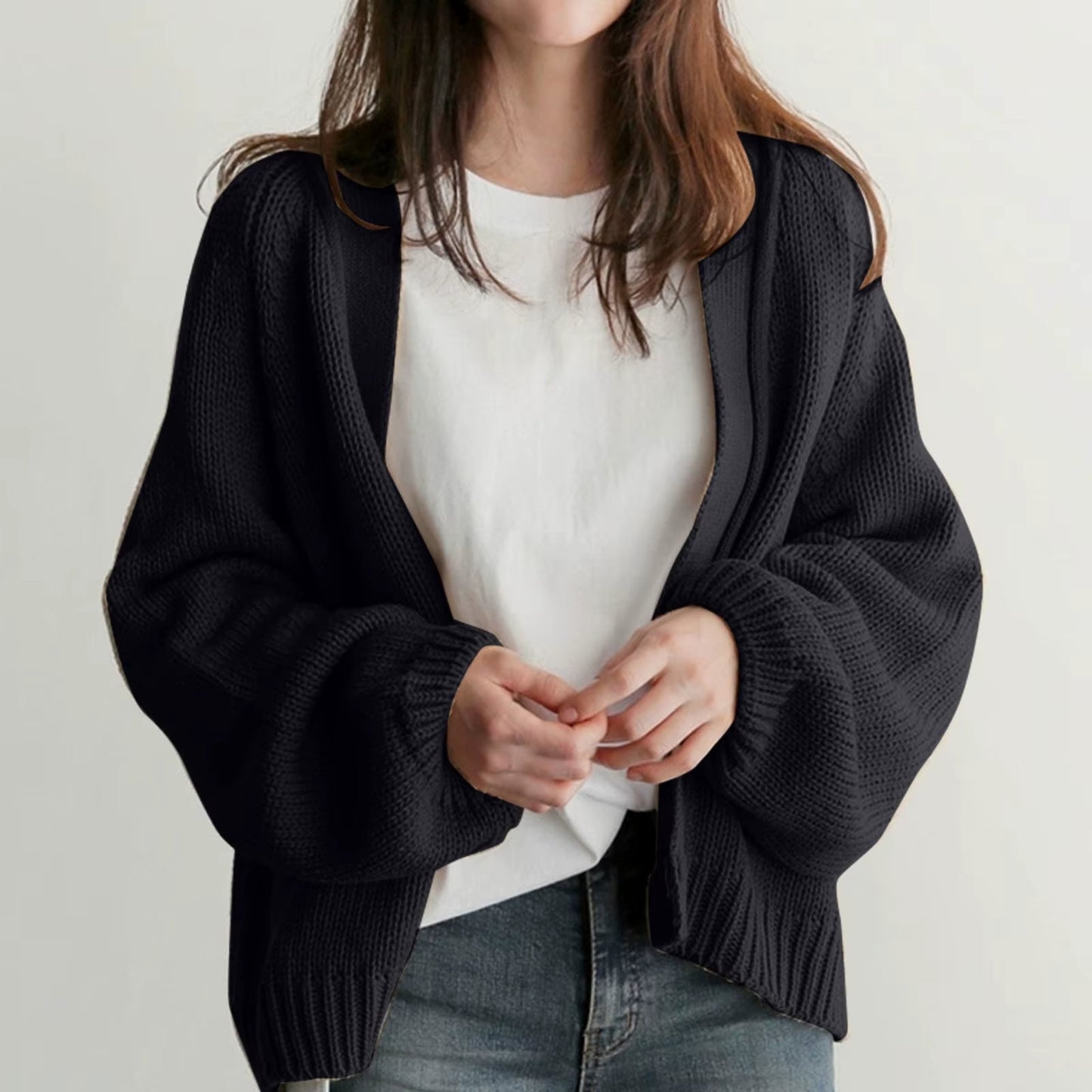 Strik Cardigan Dame – Beige Lounge Cardigan med Oversized Ærmer