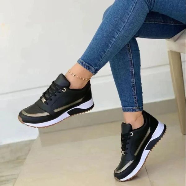 Damen-Sneaker mit klobiger Sohle und Schnürsenkeln | Marineblaue, bequeme, lässige Alltagsturnschuhe mit goldenen Details | Lässige Streetwear-Schuhe für den Alltag