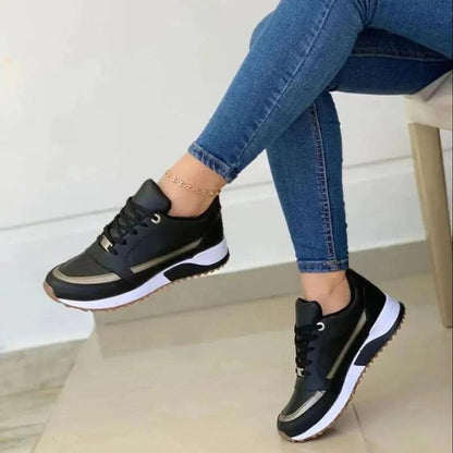 Damen-Sneaker mit klobiger Sohle und Schnürsenkeln | Marineblaue, bequeme, lässige Alltagsturnschuhe mit goldenen Details | Lässige Streetwear-Schuhe für den Alltag