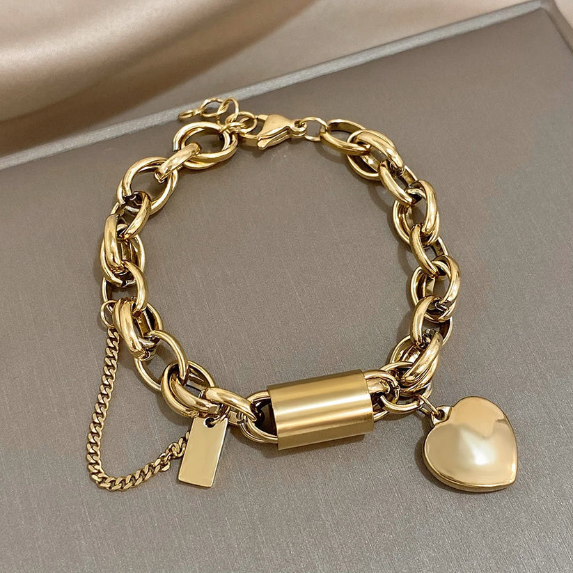Women's Chunky Gold Chain Bracelet | Lock Charm Pearl Heart Pendant Casual Everyday Bracelet | Casual Going Out Jewellery Accessory