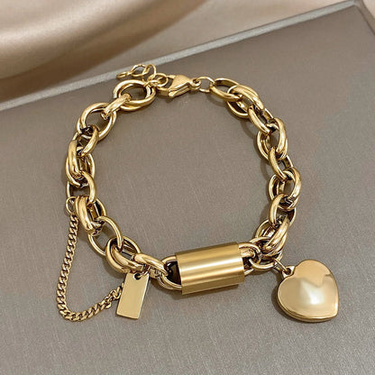 Women's Chunky Gold Chain Bracelet | Lock Charm Pearl Heart Pendant Casual Everyday Bracelet | Casual Going Out Jewellery Accessory