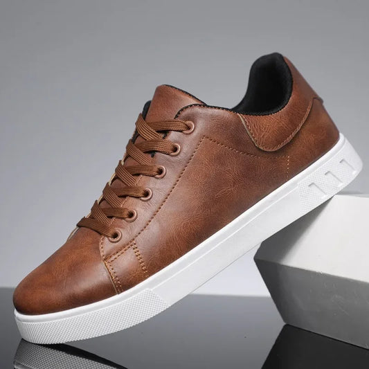 Men's Faux Leather Low-Top Lace-Up Sneakers | Classic Brown Casual Everyday Street Shoes | Smart Casual Everyday Casual Shoes