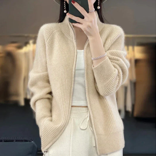 Women's Wool Zip Cardigan – Knit Cardigan with Pockets
