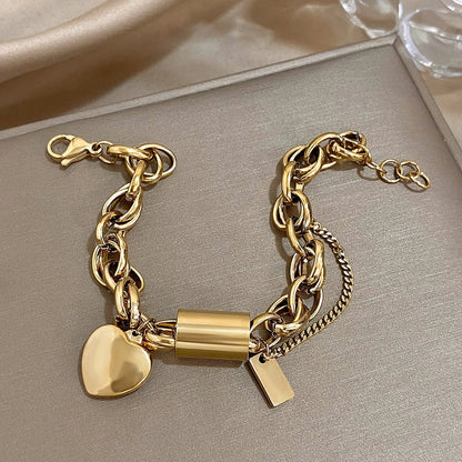 Women's Chunky Gold Chain Bracelet | Lock Charm Pearl Heart Pendant Casual Everyday Bracelet | Casual Going Out Jewellery Accessory
