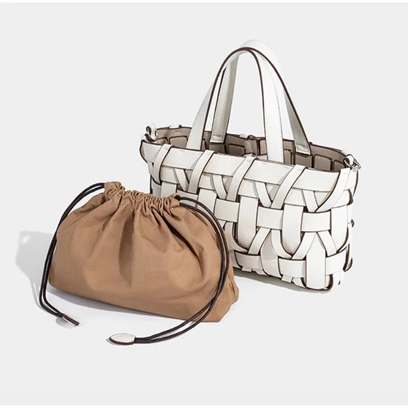 Women's Handmade Woven Leather Tote Bag | Cream Interlace Strip Casual Everyday Shoulder Bag | Smart Casual Going Out Everyday Bag