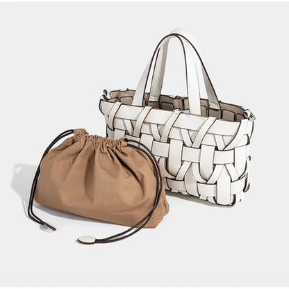 Women's Handmade Woven Leather Tote Bag | Cream Interlace Strip Casual Everyday Shoulder Bag | Smart Casual Going Out Everyday Bag