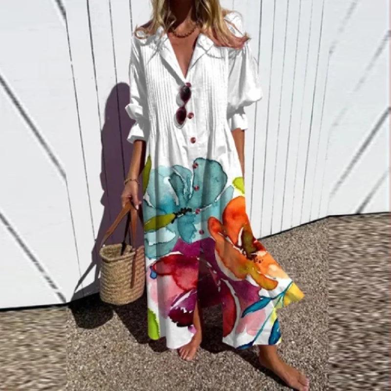 Damen Boho Blumenmuster Sommerkleid | Fließendes Damen Lässiges Sommerkleid | Leichtes Buntes Damen Strandkleid