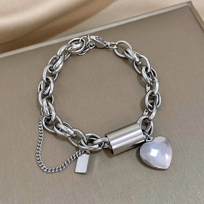 Women's Chunky Gold Chain Bracelet | Lock Charm Pearl Heart Pendant Casual Everyday Bracelet | Casual Going Out Jewellery Accessory