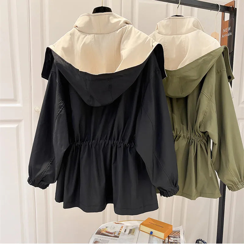 Women's Waterproof Hooded Jacket – Adjustable-Waist Transitional Coat