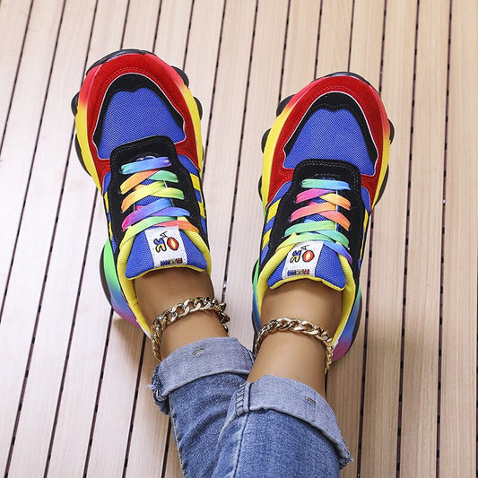 Women's Multicolour Rainbow Lace-Up Chunky Sneakers | Bold Colourful Casual Streetwear Trainers | Casual Going Out Everyday Shoes
