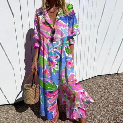 Damen Boho Blumenmuster Sommerkleid | Fließendes Damen Lässiges Sommerkleid | Leichtes Buntes Damen Strandkleid