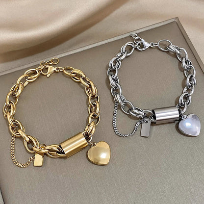 Women's Chunky Gold Chain Bracelet | Lock Charm Pearl Heart Pendant Casual Everyday Bracelet | Casual Going Out Jewellery Accessory