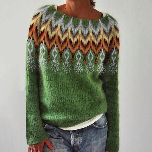 Women's Knitted Pullover – Green Retro Knit Sweater with Pattern