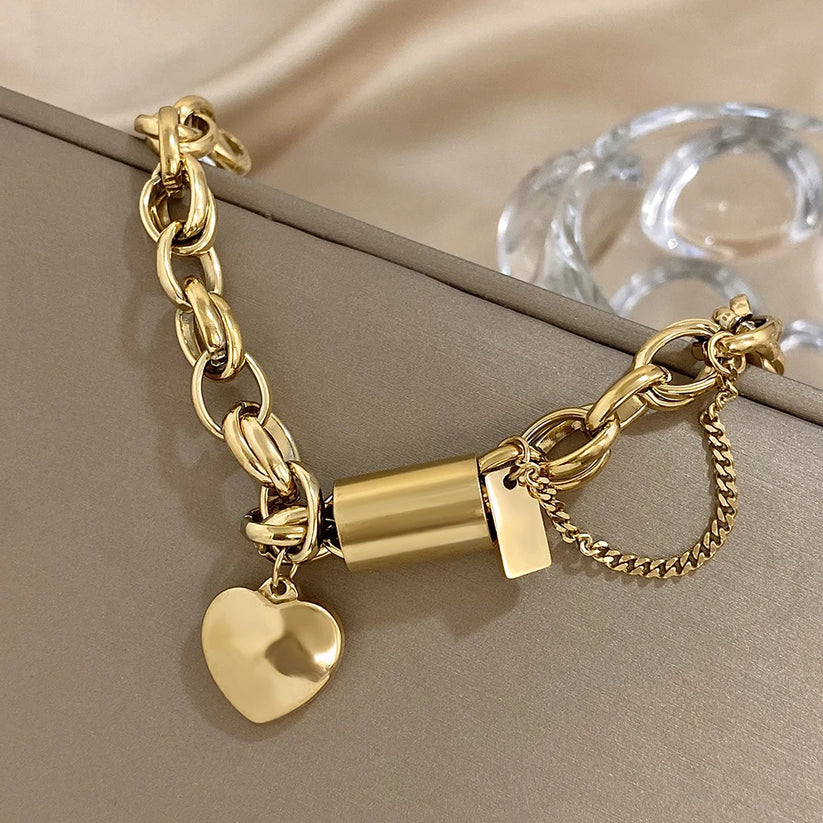 Women's Chunky Gold Chain Bracelet | Lock Charm Pearl Heart Pendant Casual Everyday Bracelet | Casual Going Out Jewellery Accessory