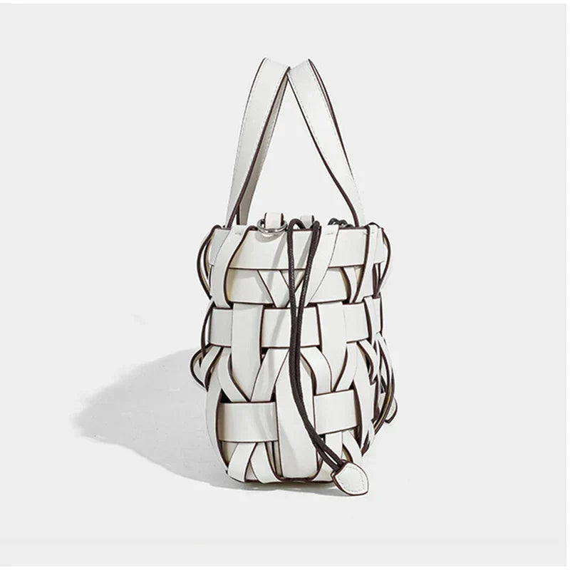 Women's Handmade Woven Leather Tote Bag | Cream Interlace Strip Casual Everyday Shoulder Bag | Smart Casual Going Out Everyday Bag