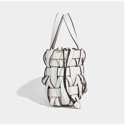 Women's Handmade Woven Leather Tote Bag | Cream Interlace Strip Casual Everyday Shoulder Bag | Smart Casual Going Out Everyday Bag