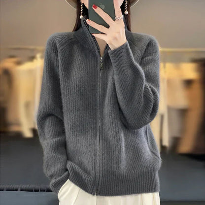 Uld Cardigan Dame – Zip Strikcardigan med Lommer