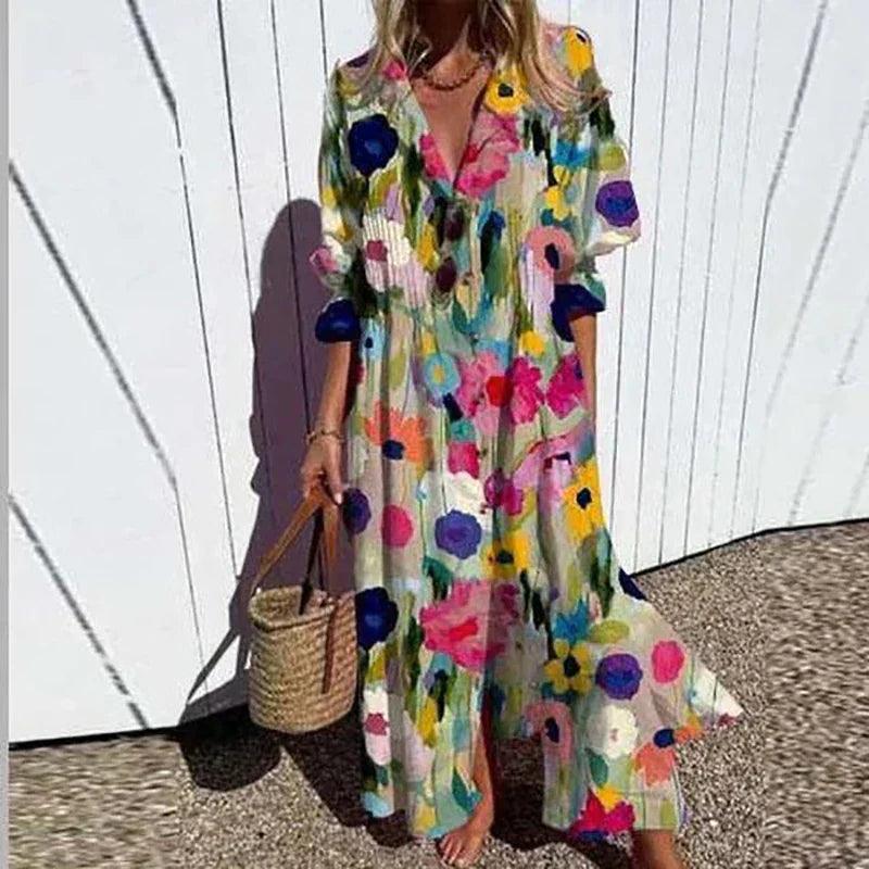 Damen Boho Blumenmuster Sommerkleid | Fließendes Damen Lässiges Sommerkleid | Leichtes Buntes Damen Strandkleid