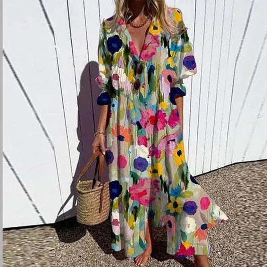 Damen Boho Blumenmuster Sommerkleid | Fließendes Damen Lässiges Sommerkleid | Leichtes Buntes Damen Strandkleid