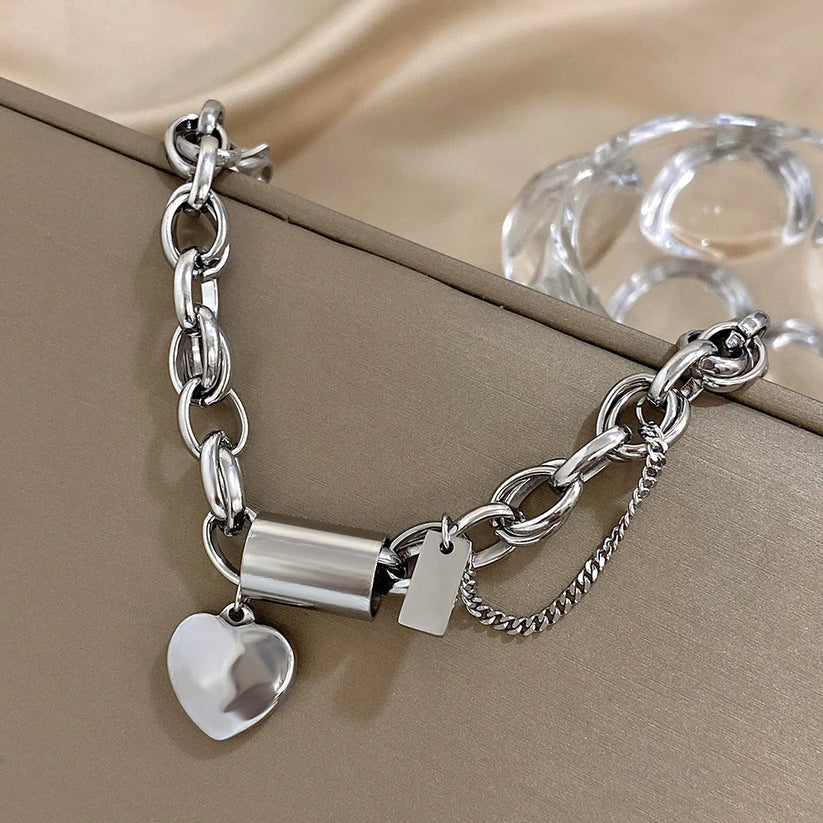Women's Chunky Gold Chain Bracelet | Lock Charm Pearl Heart Pendant Casual Everyday Bracelet | Casual Going Out Jewellery Accessory