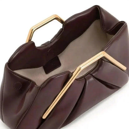 Women's Leather Frame Clutch Bag | Tan Structured Gold Frame Top-Handle Clutch | Smart Casual Going Out Evening Bag
