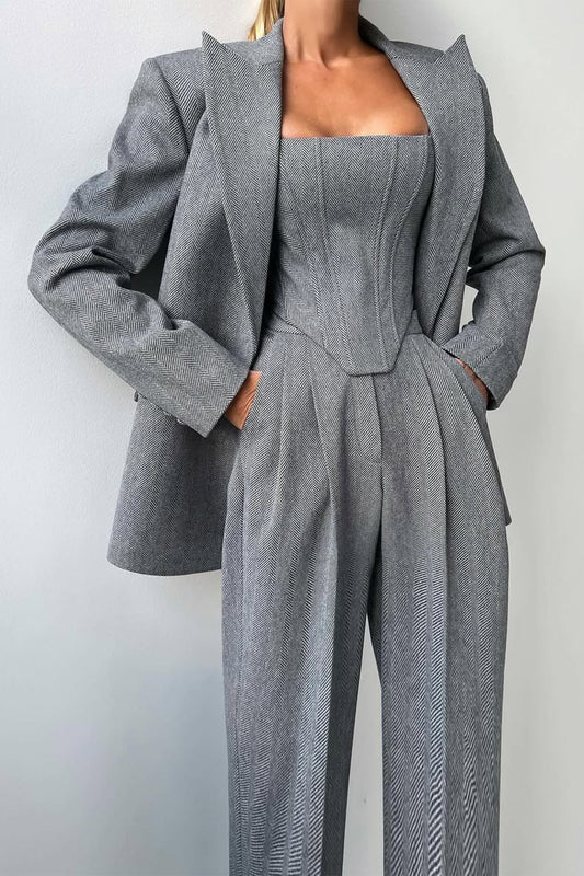 Women's Three-Piece Double-Breasted Blazer Set | Tailored Blazer Waistcoat and Trousers Occasion Set | Smart Formal Business Casual Office Outfit