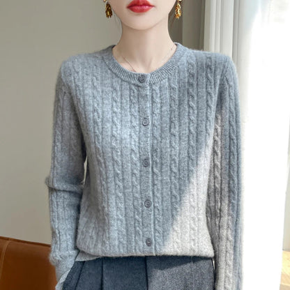 Women's Button Knit Sweater – Grey Round Neck Pullover