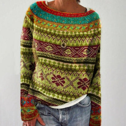 Strikket Pullover Dame – Grøn Retro Striktrøje med Mønster