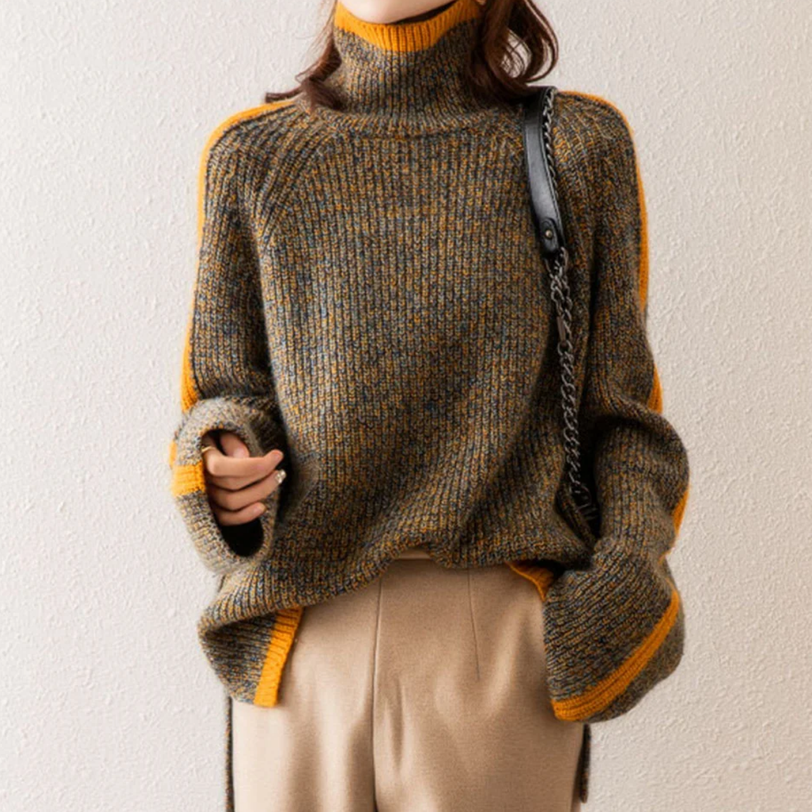 Women's Turtleneck Sweater – Warm Knit Pullover with Ribbed Details