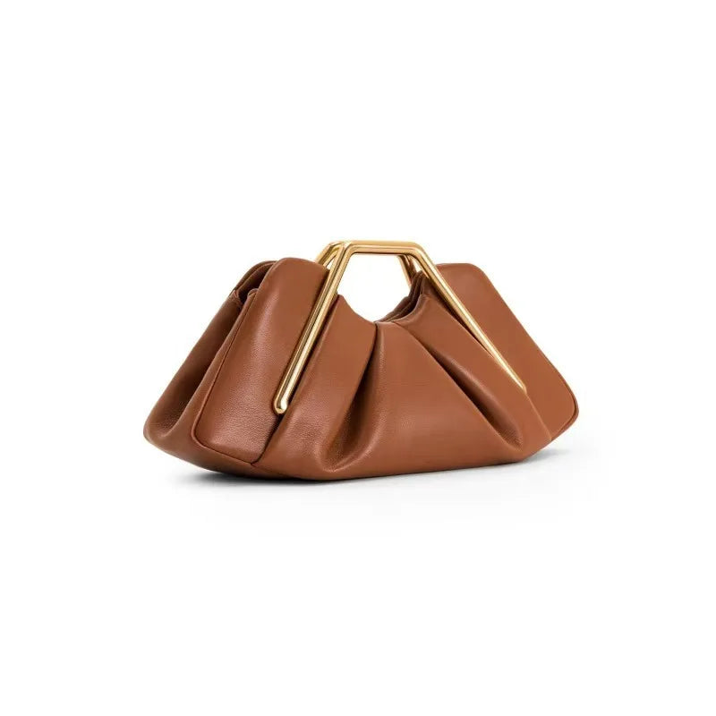 Women's Leather Frame Clutch Bag | Tan Structured Gold Frame Top-Handle Clutch | Smart Casual Going Out Evening Bag